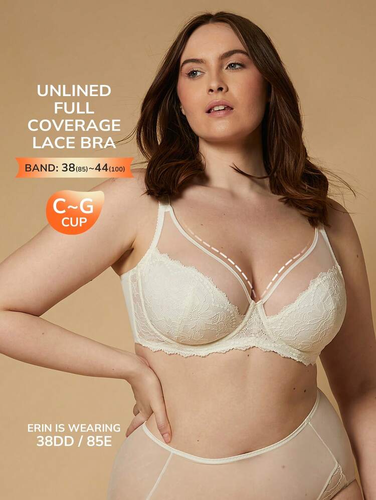 Plus Soft Woman Lingerie Lounge Curve Sheer Full Coverage Support&Breathable Underwire Sexy Unlined Minimizer Lace Elegance & Mesh White Bra Bridal Intimates Wedding Bra