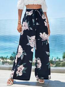Floral Print Belted Wide Leg Trousers - Multicolor - View 1
