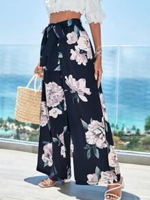 Floral Print Belted Wide Leg Trousers - Multicolor - View 2
