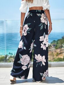 Floral Print Belted Wide Leg Trousers - Multicolor - View 3