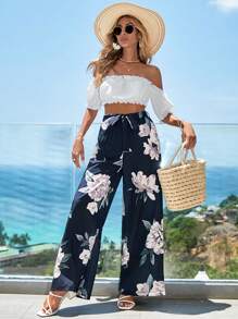 Floral Print Belted Wide Leg Trousers - Multicolor - View 4