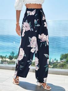 Floral Print Belted Wide Leg Trousers - Multicolor - View 6