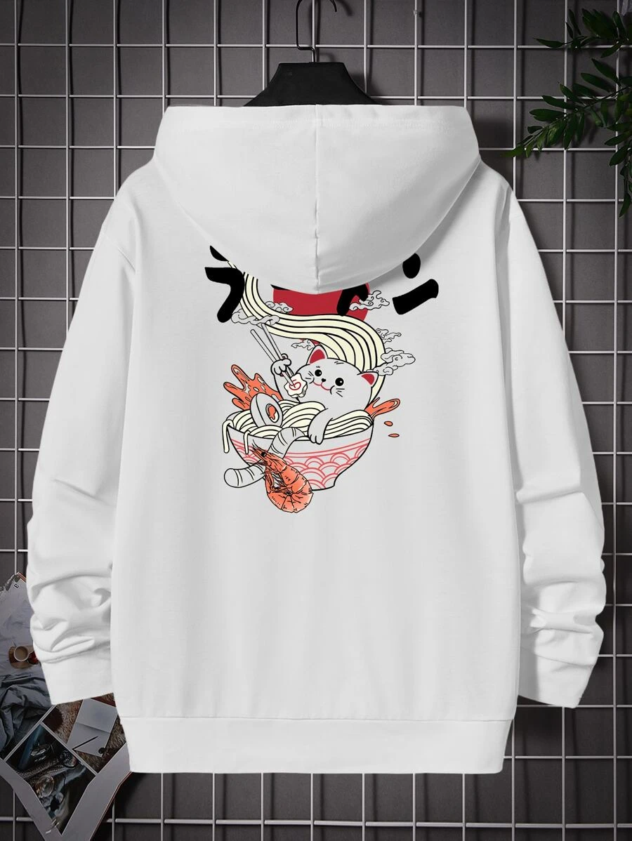 Manfinity RebelGame Men Plus Cotton Japanese Letter & Cartoon Graphic Hoodie - White - View 1