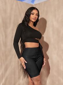 SHEIN SXY Shorts biker de cintura ancha PU - Negro - Ver 3