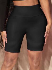 SHEIN SXY Shorts biker de cintura ancha PU - Negro - Ver 5