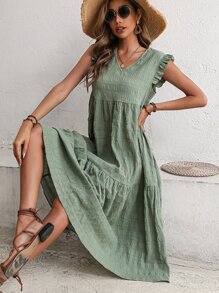 Breezaya Solid Ruffle Trim Smock Dress - Green - View 3