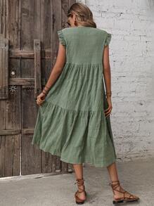 Breezaya Solid Ruffle Trim Smock Dress - Green - View 2