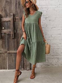Breezaya Solid Ruffle Trim Smock Dress - Green - View 4