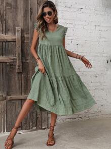 Breezaya Solid Ruffle Trim Smock Dress - Green - View 5