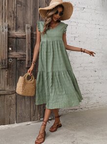 Breezaya Solid Ruffle Trim Smock Dress - Green - View 1