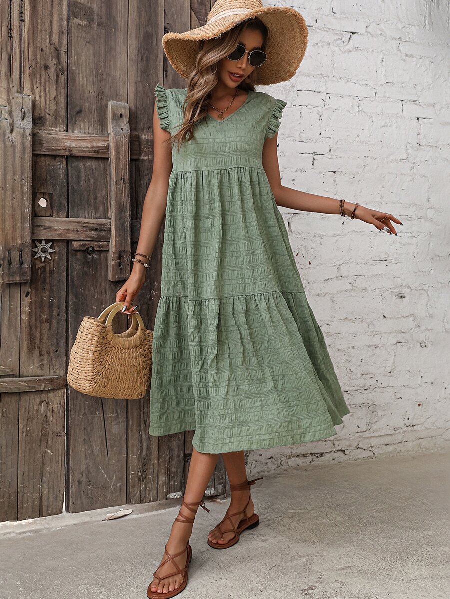Breezaya Solid Ruffle Trim Smock Dress - Green - View 1