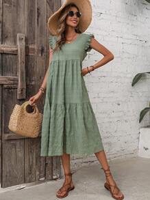 Breezaya Solid Ruffle Trim Smock Dress - Green - View 6