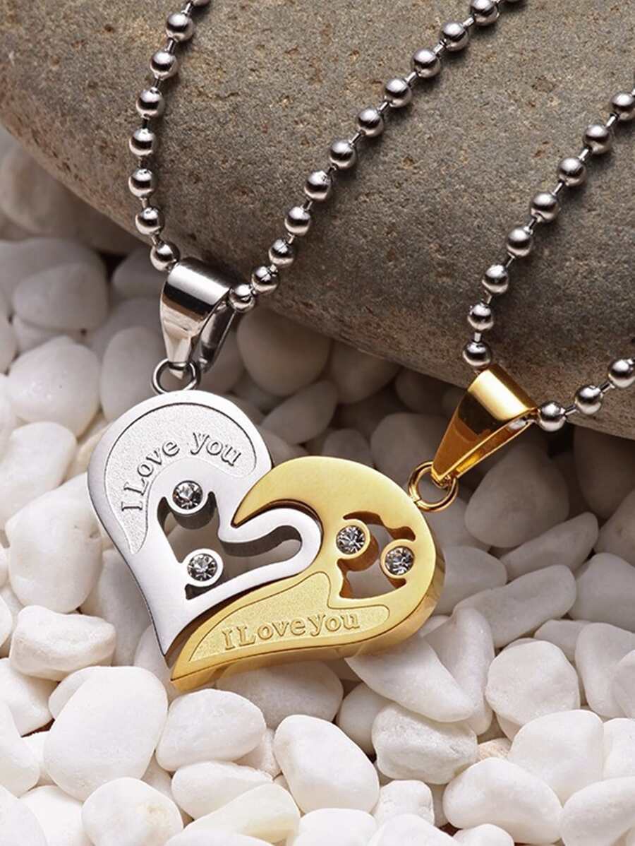 1 Pair I Love You Letter Rhinestone Inlay Couple Pendant Necklace, 2 Color Options Randomly Sent - Gold - View 1