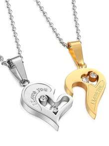 1 Pair I Love You Letter Rhinestone Inlay Couple Pendant Necklace, 2 Color Options Randomly Sent - Gold - View 3