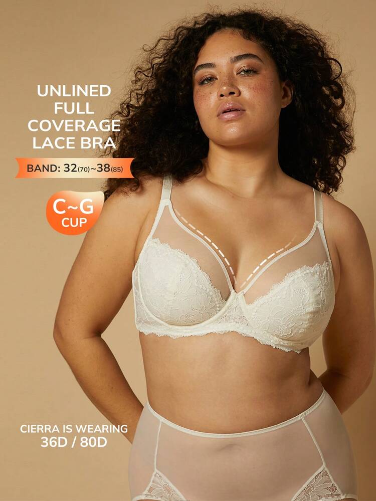 Soft Woman Lingerie Lounge Curve Sheer Full Coverage Support&Breathable Underwire Sexy Unlined Minimizer Lace Elegance & Mesh White Bra Bridal Intimates Wedding Bra