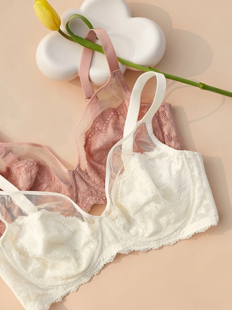 Soft Woman Lingerie Lounge Curve Sheer Full Coverage Support&Breathable Underwire Sexy Unlined Minimizer Lace Elegance & Mesh White Bra Bridal Intimates Wedding Bra