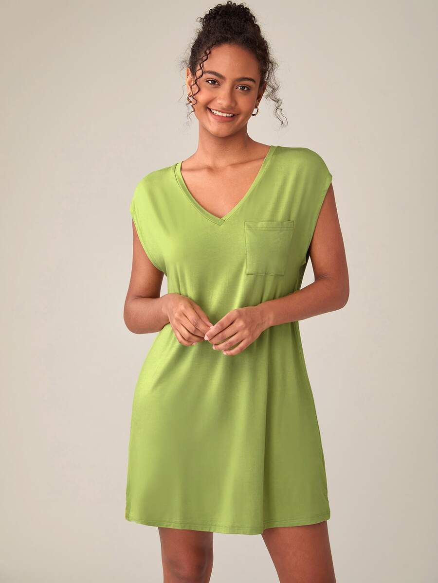 SHEIN BASICS Solid Pocket Patched Tee Dress - Lime Green - View 1