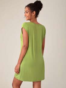 SHEIN BASICS Solid Pocket Patched Tee Dress - Lime Green - View 2