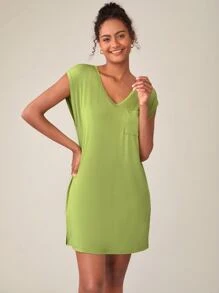SHEIN BASICS Solid Pocket Patched Tee Dress - Lime Green - View 4