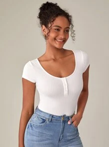 SHEIN BASICS Nút Nửa Scoop Cổ Áo thun - trắng - Xem 1