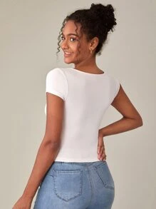 SHEIN BASICS Nút Nửa Scoop Cổ Áo thun - trắng - Xem 2
