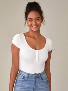 SHEIN BASICS Nút Nửa Scoop Cổ Áo thun - trắng - Xem 3