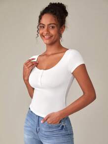 SHEIN BASICS Nút Nửa Scoop Cổ Áo thun - trắng - Xem 4