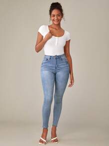 SHEIN BASICS Nút Nửa Scoop Cổ Áo thun - trắng - Xem 5