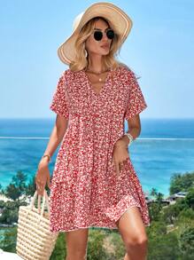 EURMUSE Ditsy Floral Print Ruffle Hem Smock Dress - Pink - View 1