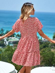 EURMUSE Ditsy Floral Print Ruffle Hem Smock Dress - Pink - View 2