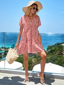 EURMUSE Ditsy Floral Print Ruffle Hem Smock Dress - Pink - View 4