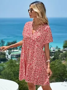 EURMUSE Ditsy Floral Print Ruffle Hem Smock Dress - Pink - View 5