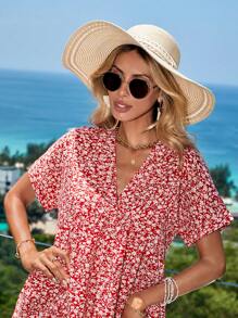 EURMUSE Ditsy Floral Print Ruffle Hem Smock Dress - Pink - View 6