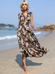 Aveloria Vestido con estampado de paisley bajo con fruncido - Negro - Ver 1