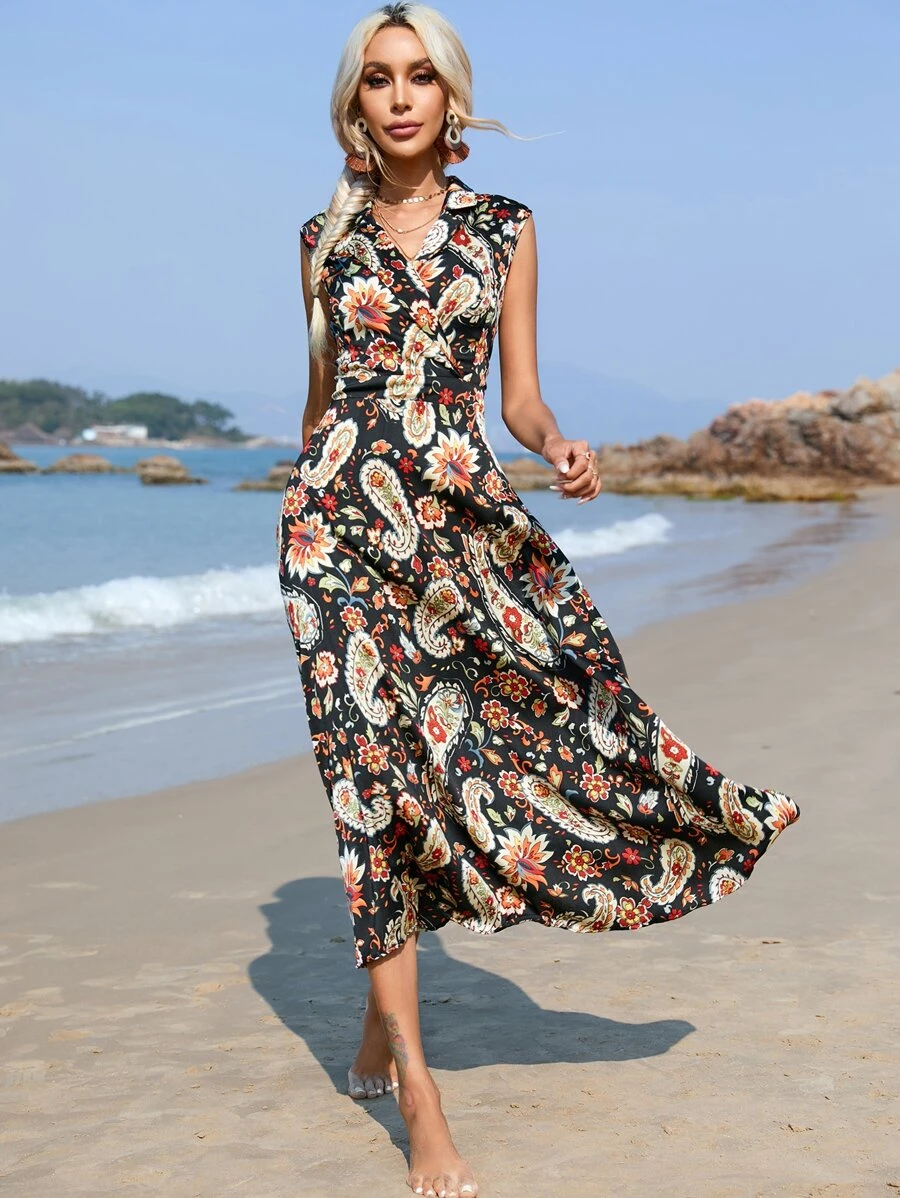 Aveloria Vestido con estampado de paisley bajo con fruncido - Negro - Ver 1