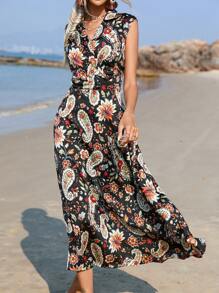 Aveloria Vestido con estampado de paisley bajo con fruncido - Negro - Ver 3