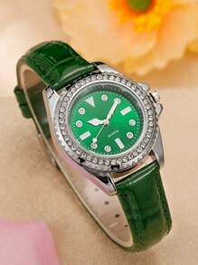 1只女士皮帶石英手錶 - 綠色 - 查看 1