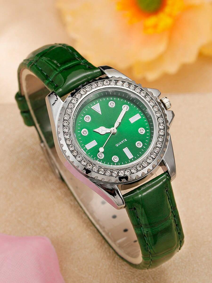 1只女士皮帶石英手錶 - 綠色 - 查看 1