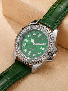 1只女士皮帶石英手錶 - 綠色 - 查看 2