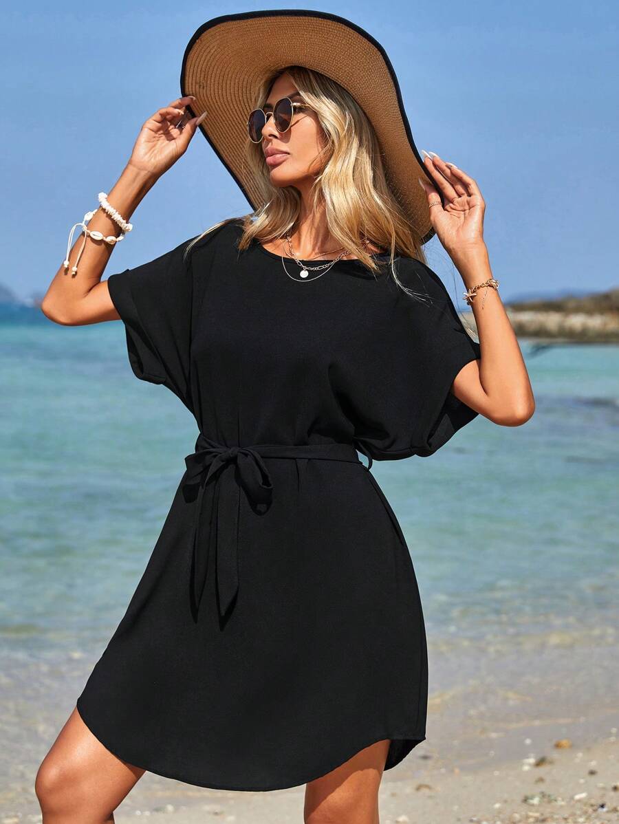 EURMUSE Solid Batwing Sleeve Belted Dress - Black - View 1