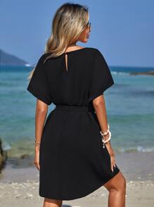 EURMUSE Solid Batwing Sleeve Belted Dress - Black - View 2