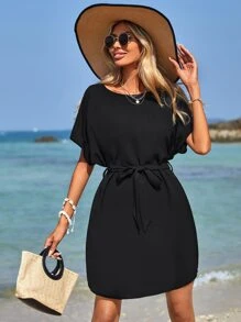 EURMUSE Solid Batwing Sleeve Belted Dress - Black - View 3