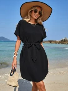 EURMUSE Solid Batwing Sleeve Belted Dress - Black - View 5