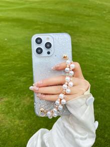 Sequin Decor Clear Anti-Fall Phone Case With Hand Strap,International Version, Not The Domestic Version - White - View 1