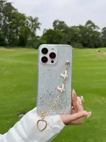 蝴蝶裝飾金屬亮絲手機殼帶手繩 - 白色 - 查看 1