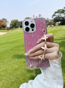 蝴蝶裝飾金屬亮絲手機殼帶手繩 - 粉色 - 查看 1