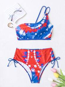 SHEIN Swim Summer Beach Tie Dye Drawstring USA Flag Print Side One Shoulder Bikini Set, 4th Of July - Multicolor - View 4