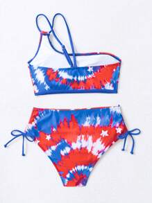 SHEIN Swim Summer Beach Tie Dye Drawstring USA Flag Print Side One Shoulder Bikini Set, 4th Of July - Multicolor - View 5