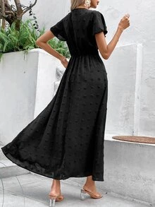 SHEIN VCAY 圓點花卉刺繡圍裹連衣裙 - 黑色 - 查看 2