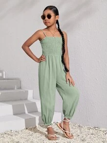 SHEIN 女孩素色上身打攬吊帶連體褲 - 薄荷綠 - 查看 3